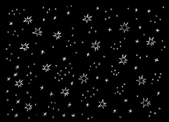 Black background with white stars and snowflakes