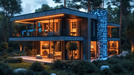Maison connect&eacute;e moderne &eacute;clair&eacute;e la nuit avec espace ext&eacute;rieur &eacute;l&eacute;gant et ambiance paisible