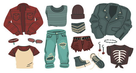 A set of clothing and accessories in grunge style lying on a white background.