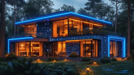 Obraz premium Maison connectée moderne éclairée la nuit avec espace extérieur élégant et ambiance paisible