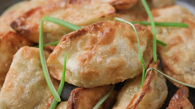 Crispy fried dumplings Gyoza with vegetables. Asian food. Rotating video
