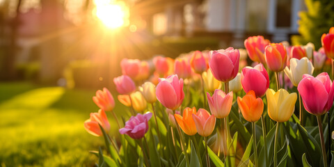 Beautiful colorful tulips blossoming in front of a big house. - obrazy, fototapety, plakaty