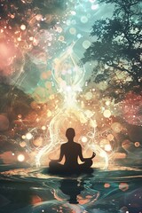 Obraz premium Silhouette of a person meditating with a glowing, neurographic design backdrop in a natural setting