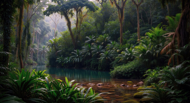 Amazon rainforest river landscape. Exotic nature wallpaper design. Generative ai