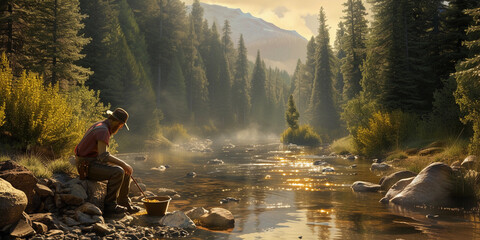 rugged prospector panning for gold in a serene, sunlit riverbed, surrounded by dense forest, detailed textures of water, trees, and rocks, vibrant natural lighting, and a panoramic view - obrazy, fototapety, plakaty