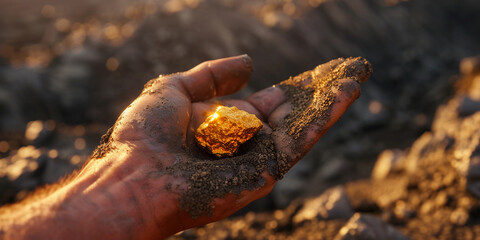 prospector's discovery, a hand holding a sizable gold nugget, with a focus on the texture of the gold and the dirt-stained fingers, set against a blurred background of a mining site