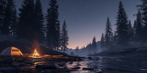 prospector's campsite by a river at dusk, with detailed camping gear, a flickering fire, and a backdrop of tall, shadowy pine trees, under a starry sky - obrazy, fototapety, plakaty