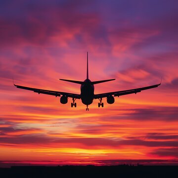 airplane in the sunset, silhouette of a commercial airplane takes center stage against a vivid sunset sky. The warm hues of orange, pink, and purple create a mesmerizing backdrop