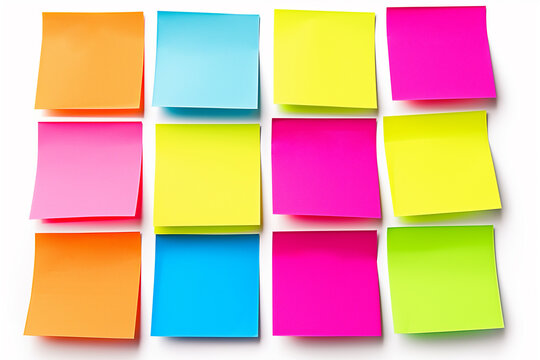 Colorful Set of sticky notes isolated on copy space white background, Empty blank note papers stick on white notice board, collection of abstract sticky paper sheets, colorful paper wallpaper concept