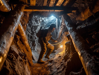 prospector digging in a deep mine shaft, illuminated by dim lantern light, showing intricate details of the rough mine walls and wooden support beams - obrazy, fototapety, plakaty