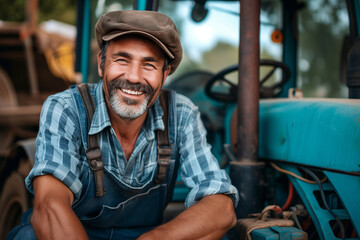 Smiling farmer in front of tractor in field. Agriculture concept.