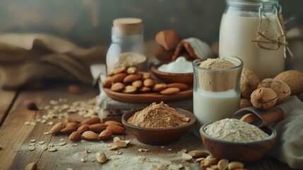 Almond milk in a glass bottle and ingredients on a wooden background - obrazy, fototapety, plakaty