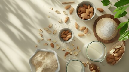 Fototapeta na wymiar Almond milk and ingredients on a white background. 3d rendering.