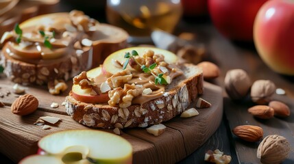 Sandwiches with caramelized apples and nuts on wooden board, closeup