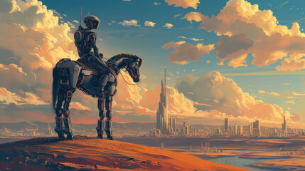 Fototapeta premium Une illustration futuriste d'un robot assis sur un cheval robotisé, dans la nature, image avec espace pour texte.