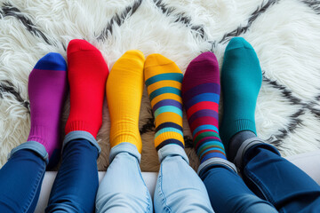 A group of people wearing multi-colored mismatched socks. Odd socks day, anti-bullying week social concept. Down syndrome awareness day. - obrazy, fototapety, plakaty