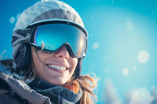 Happy young woman skiing in the Alps mountains. Female skier enjoying ski vacation in alpine resort. Healthy winter sport for every age.