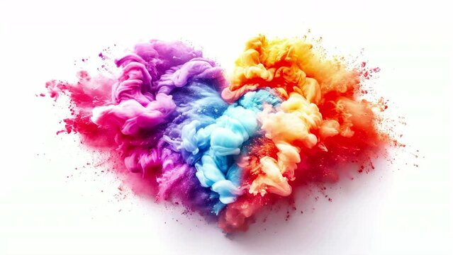 Beating heart shaped colorful explosion of Holi powder bursts in spectrum of colors, symbolizing joy and exuberance of Festival of Colors, and capturing essence of celebration and cultural festivity