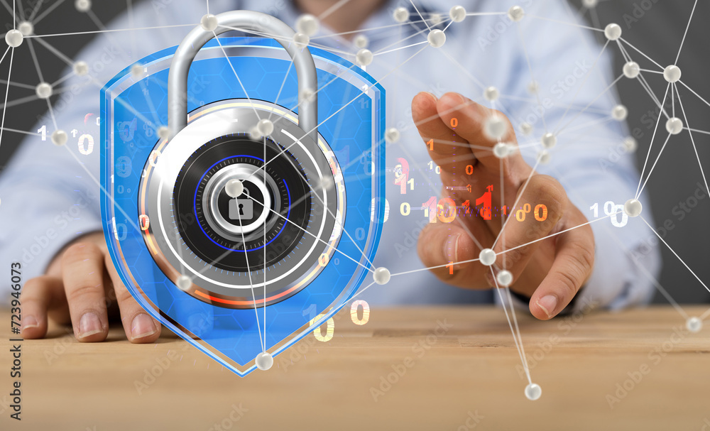 Poster secure lock - padlock holding in hand access concept 3d