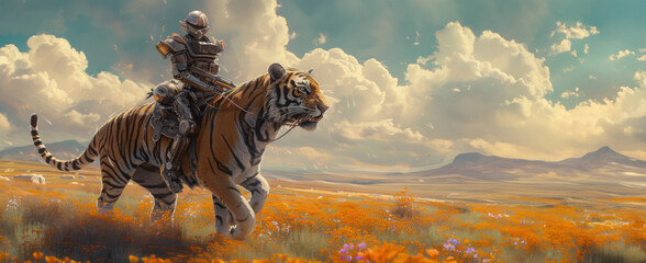 Fototapeta na wymiar Une illustration futuriste d'un robot assis sur un tigre, dans la nature, image avec espace pour texte.