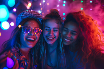 Cheerful young friends having fun at colorful rave party. Happy women enjoying themselves and dancing. Group of people at music concert.