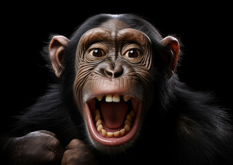 Le portrait d'un jeune chimpanzé souriant sur fond noir