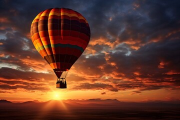 As the sun sets, the silhouette of a hot air balloon ascends against the horizon, copy space