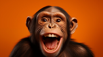 Le portrait d'un jeune chimpanzé souriant sur fond orange - obrazy, fototapety, plakaty