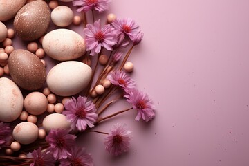 Obraz na płótnie Canvas Pastel easter eggs on soft pink background, surrounded by flowers, top view, copy space
