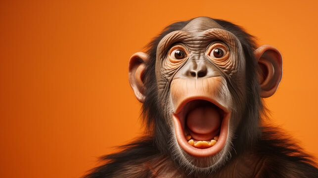 Le portrait d'un chimpanz&eacute; &eacute;tonn&eacute; sur fond orange, image avec espace pour texte.