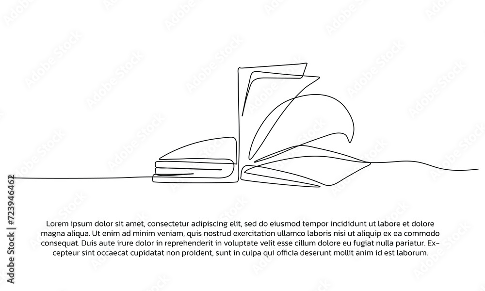 Poster continuous line design of an open book. single line decorative element drawn on white background.