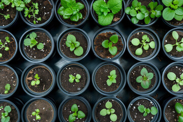 Plastic pots with various vegetables seedlings. Planting young seedlings on spring day. Growing own fruits and vegetables in a homestead. Gardening and lifestyle of self-sufficiency.