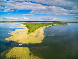 Aerial view of Upalty island on Mamry lake, Mazury, Poland