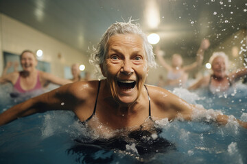 aquatics training in old age, gym, swimming instructor, aerobic exercise - obrazy, fototapety, plakaty