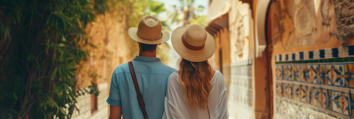 Back view of beautiful young couple admiring scenery while visiting Moroccan town on sunny summer day. Banner with young man and woman travelling.