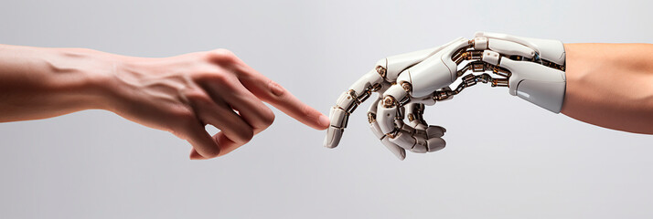 technological progress, artificial intelligence. human hand and robot hand. - obrazy, fototapety, plakaty