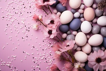 Naklejka na ściany i meble Pastel easter eggs on soft pink background with flowers, top view, copy space for text