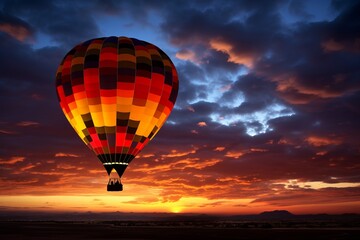 Illuminated by the fading sunlight, a hot air balloon silhouette, copy space