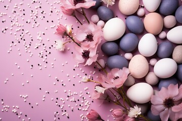 Obraz premium Pastel easter eggs with flowers on soft pink background, top view, empty space for custom text