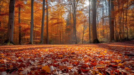 Deciduous forest in autumn, the foliage in a spectrum of reds, oranges, and yellows, dappled sunlight adding warmth.