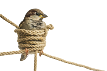 A bird with a rope wrapped around its body so tightly that it cannot fly, white background PNG