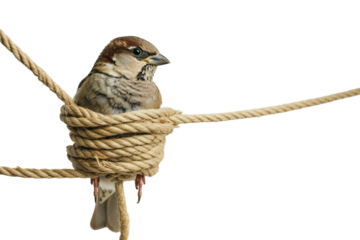 A bird with a rope wrapped around its body so tightly that it cannot fly, white background PNG