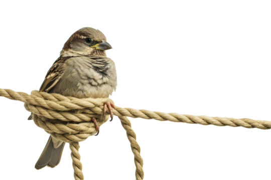 A bird with a rope wrapped around its body so tightly that it cannot fly, white background PNG