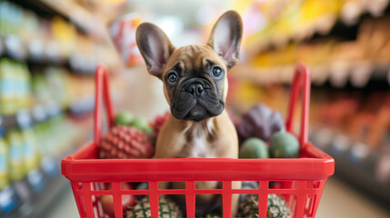 Puppy French bulldog sitting in a basket for products - 723948019