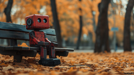 Lonely vintage robot sitting on a bench in fall park - 723948036