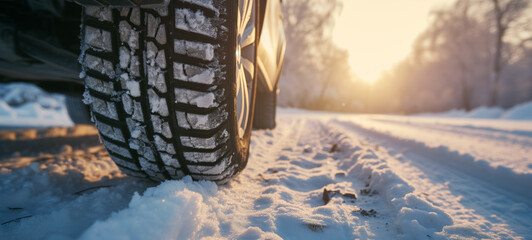 Close-up of car tires in a winter snowy road covered - 723948089