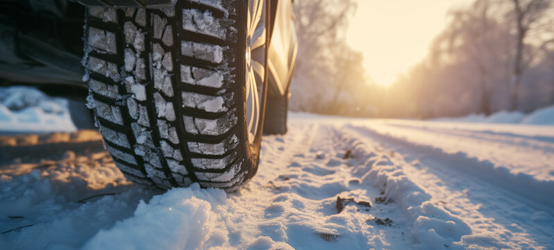 Close-up of car tires in a winter snowy road covered