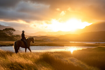 Person riding a horse in beautiful Irish landscape on dramatic sunset. Man admiring scenic view while on horseback riding tour in Connemara, on the west coast of Ireland. - obrazy, fototapety, plakaty