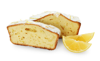 Pieces of tasty lemon cake with glaze and citrus wedges isolated on white