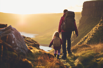 Father and child with backpacks admiring scenic view of spectacular Irish nature. Breathtaking landscape of Ireland. Hiking by foot.